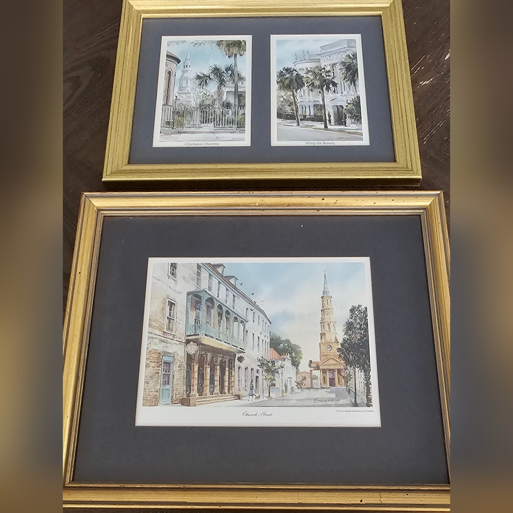 Framed and Matted Charleston, SC Watercolor Prints in Gold Frames